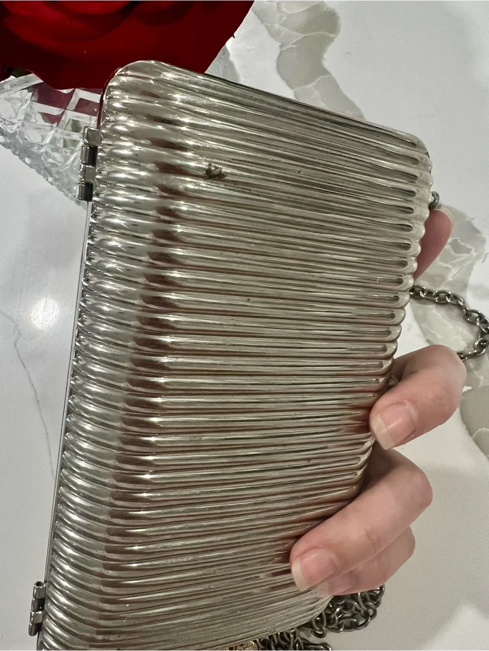 HUSER Silver Steel Hard Case Clutch Evening Bag Ribbed Chain Strap Crystal Clasp